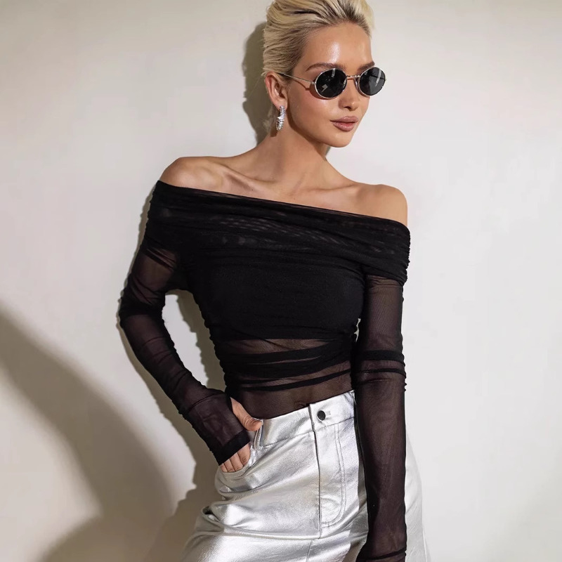 Women  Mesh Off Shoulder Top S - Blouse Off Shoulder ulasan dan harga
