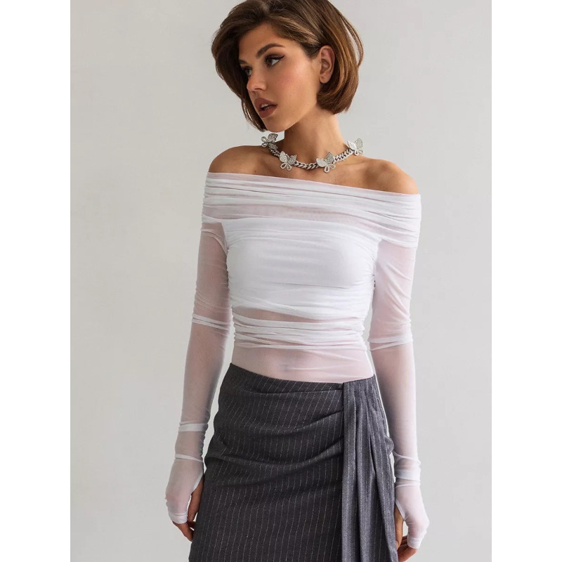 Women  Mesh Off Shoulder Top S - Blouse Off Shoulder ulasan dan harga