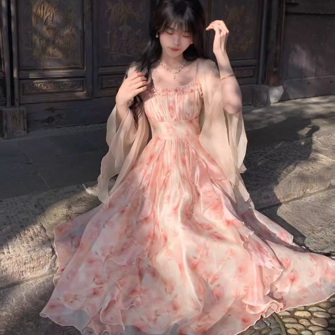 Women Watercolor Peach Floral  - Kimono Sheer Floral ulasan dan harga