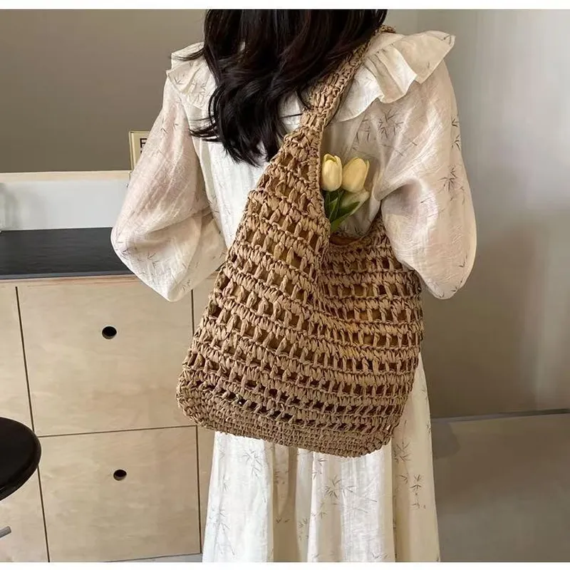 Hollow Woven Straw Tote Bag On - Tote Bag Beach ulasan dan harga