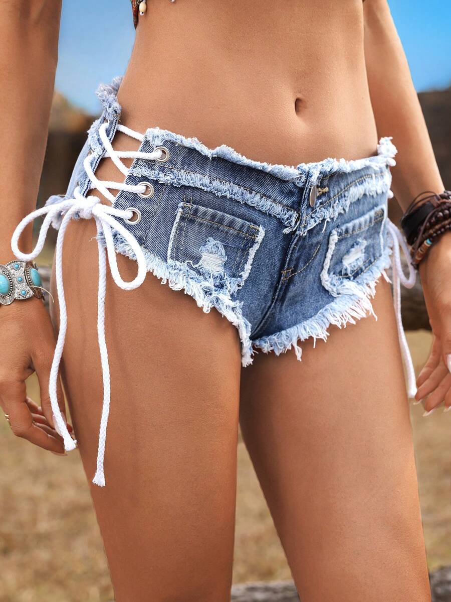 Women Low Waist Frayed Criss-C - Shorts Denim Frayed ulasan dan harga