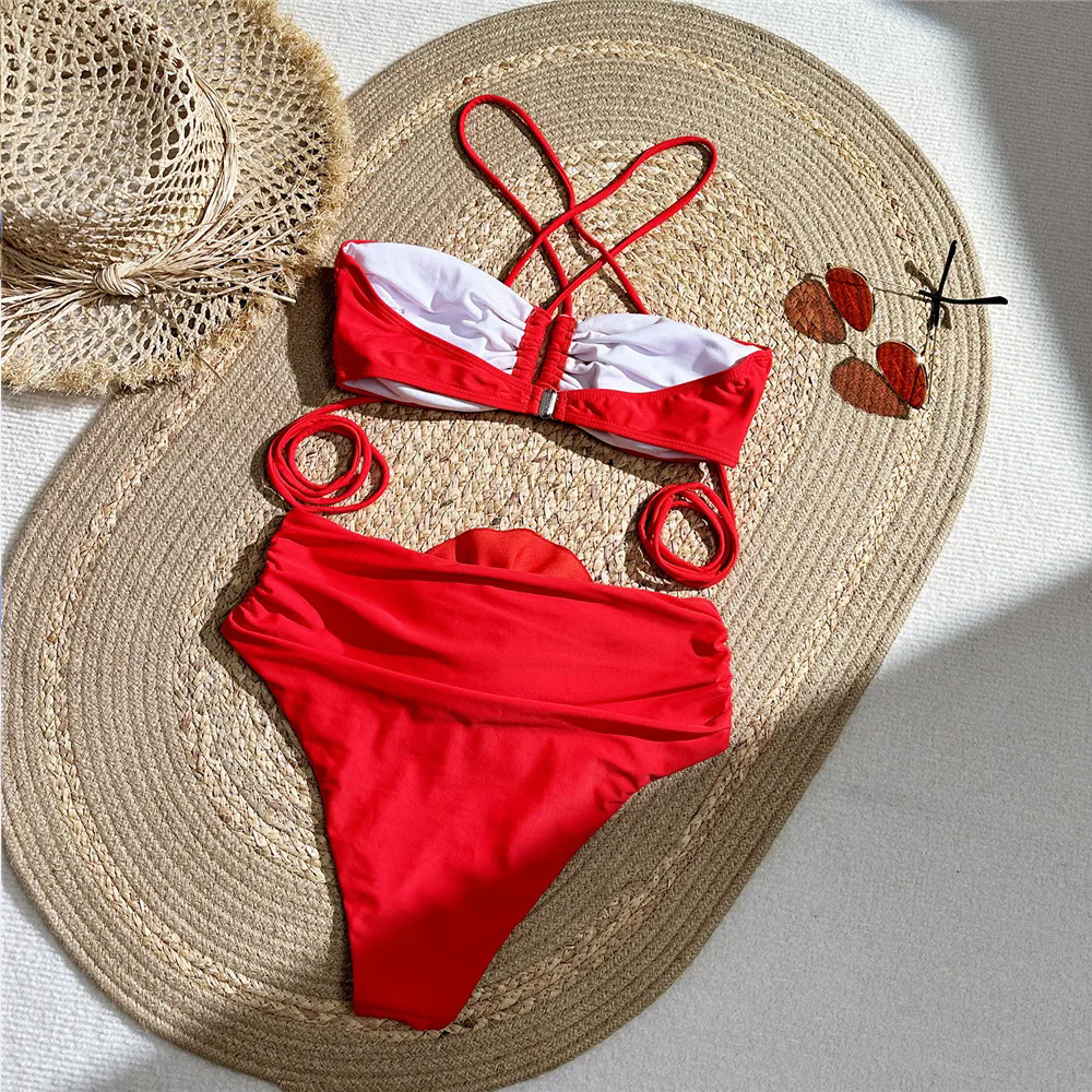 Sexy Red 3D Flower Swimwear Ha - Swimsuit Bikini Ruched ulasan dan harga