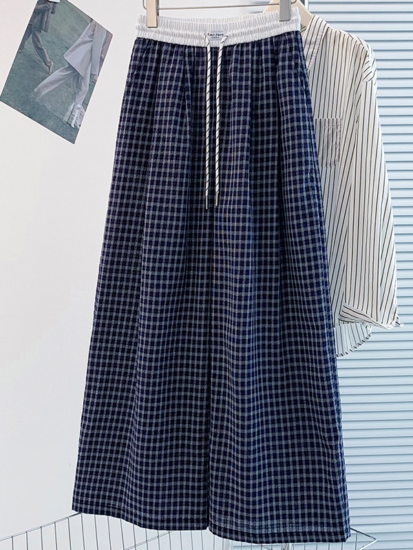 Retro Korean Plaid Elastic Wai - Linen Pant Wide ulasan dan harga