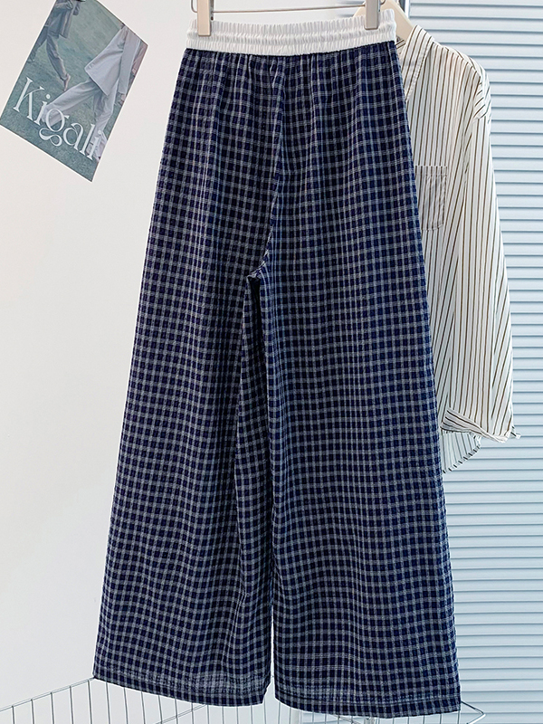 Retro Korean Plaid Elastic Wai - Linen Pant Wide ulasan dan harga