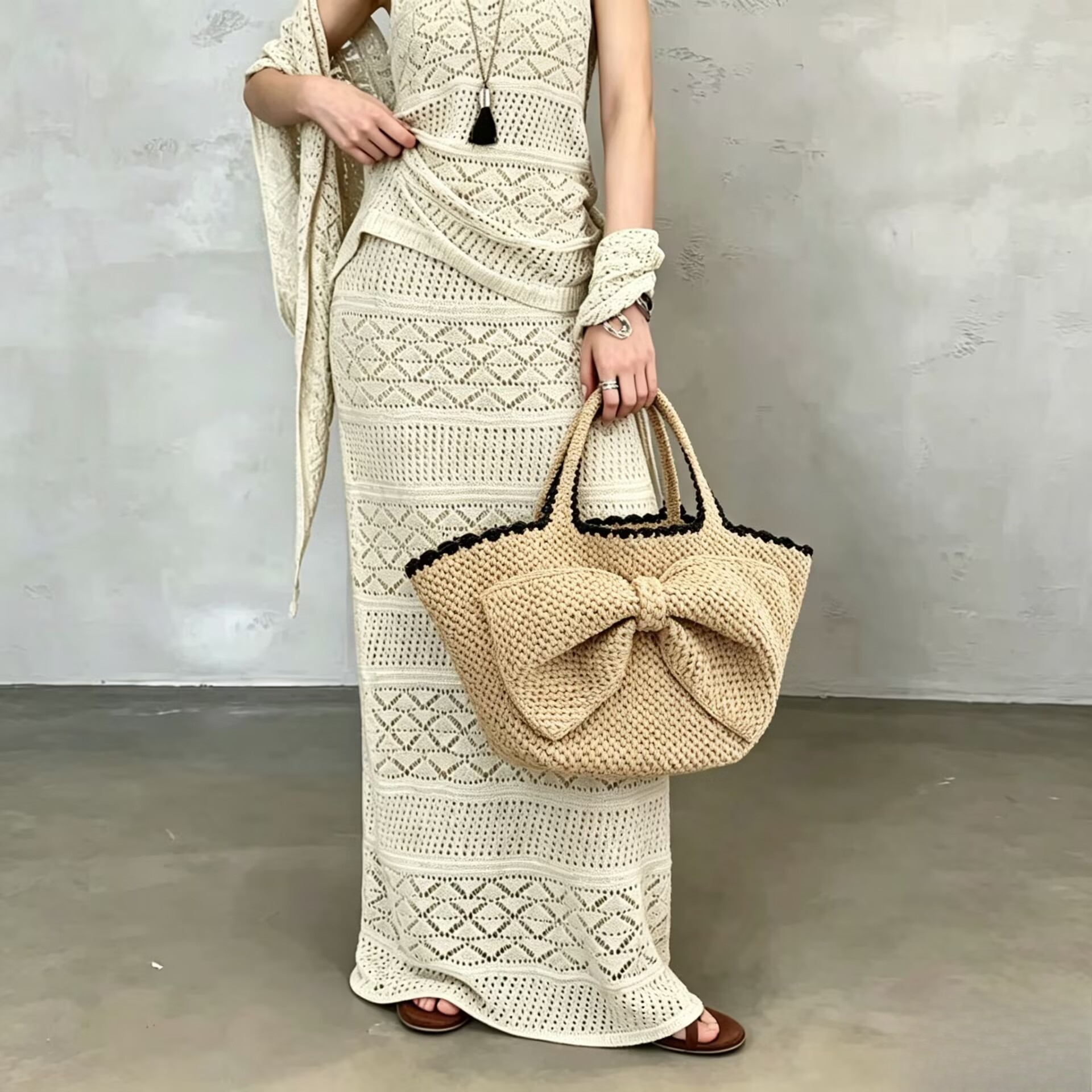 NEW raffia bow crochet handwov - Crochet Bag Raffia ulasan dan harga