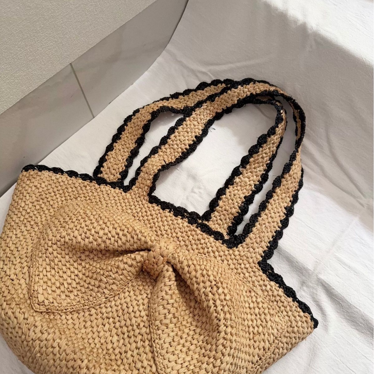 NEW raffia bow crochet handwov - Crochet Bag Raffia ulasan dan harga