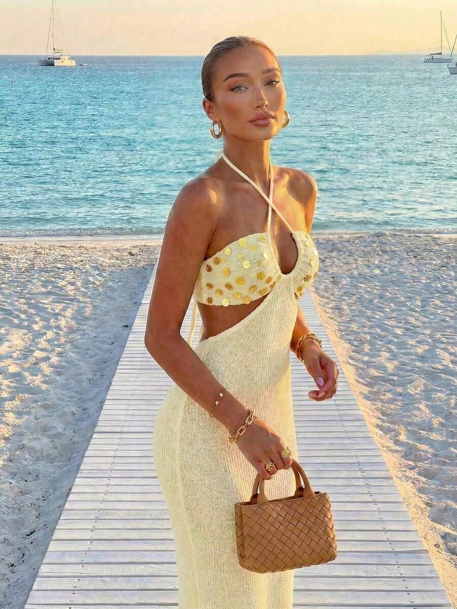 Womens Bohemian Sequin Spaghet - Maxi Dress Halter ulasan dan harga
