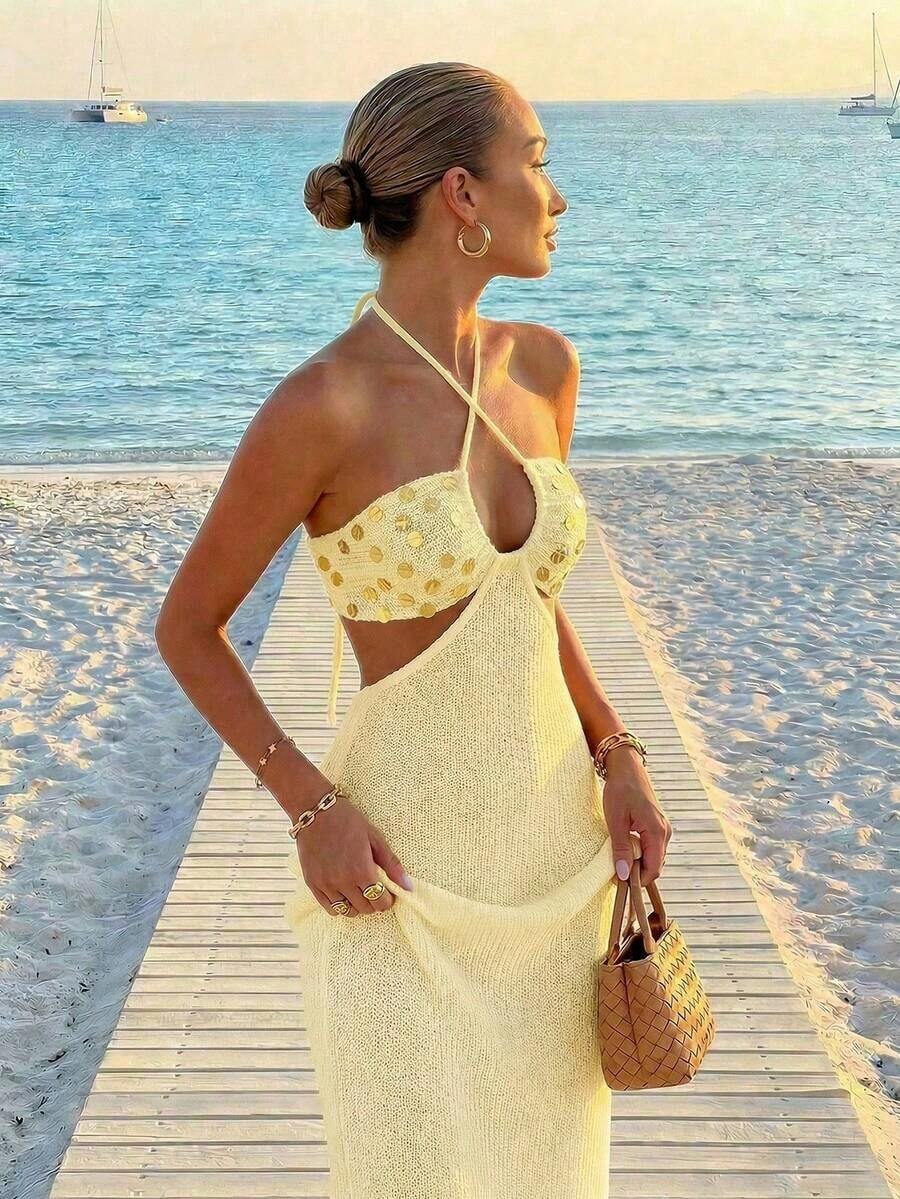 Womens Bohemian Sequin Spaghet - Maxi Dress Halter ulasan dan harga
