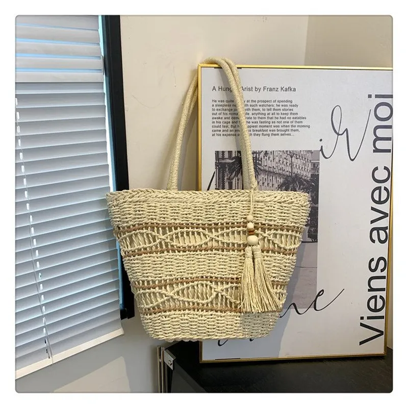 Hollow Woven Straw Shoulder Ba - Tote Bag Beach ulasan dan harga