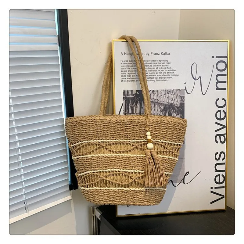 Hollow Woven Straw Shoulder Ba - Tote Bag Beach ulasan dan harga