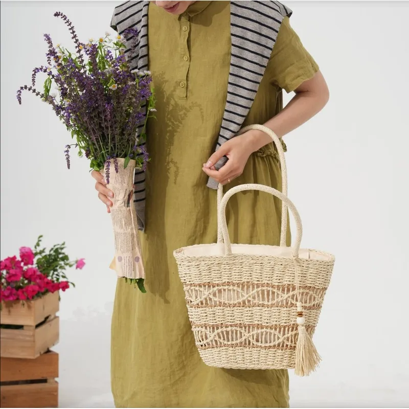 Hollow Woven Straw Shoulder Ba - Tote Bag Beach ulasan dan harga