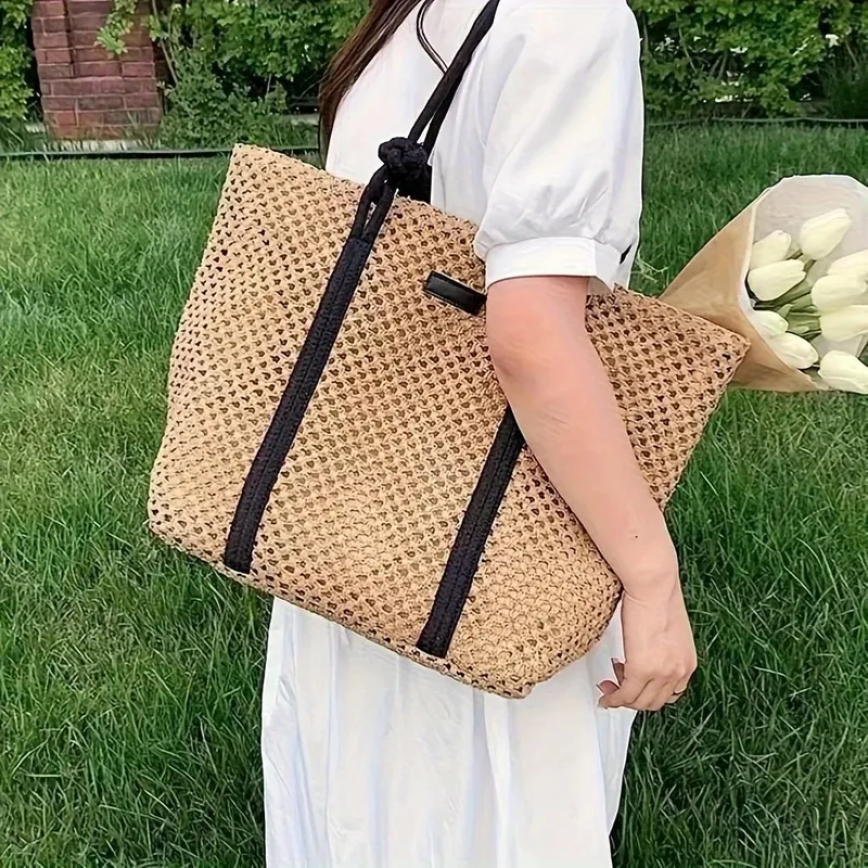 Hollow Straw Woven Tote Bag fo - Tote Bag Beach ulasan dan harga