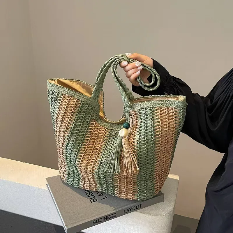 Striped woven straw tote bag f - Tote Bag Beach ulasan dan harga