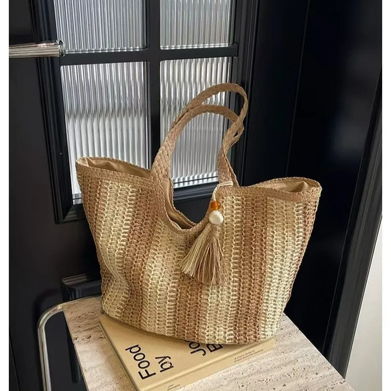 Striped woven straw tote bag f - Tote Bag Beach ulasan dan harga