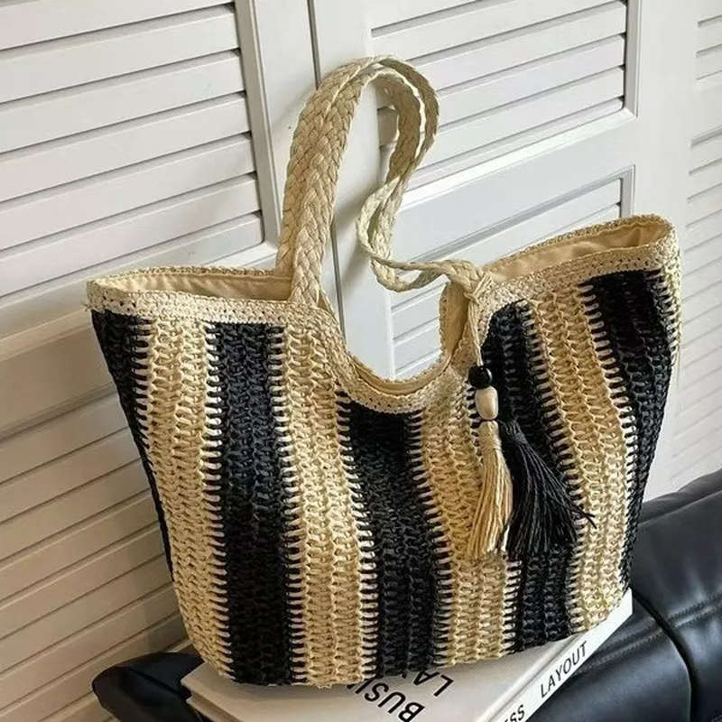 Striped woven straw tote bag f - Tote Bag Beach ulasan dan harga