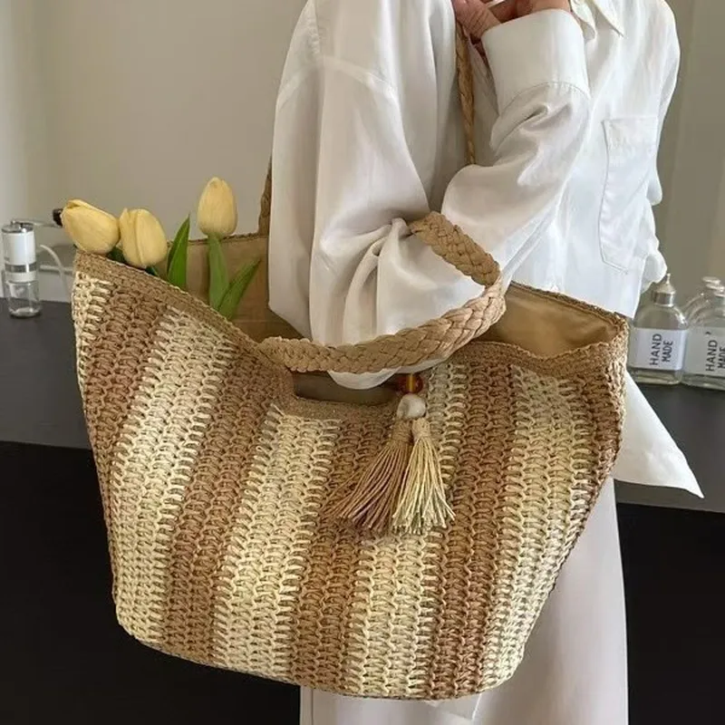 Striped woven straw tote bag f - Tote Bag Beach ulasan dan harga
