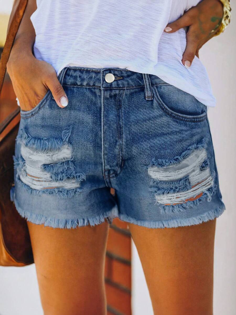 Mid Waist Washed Denim Shorts  - Shorts Denim Frayed ulasan dan harga
