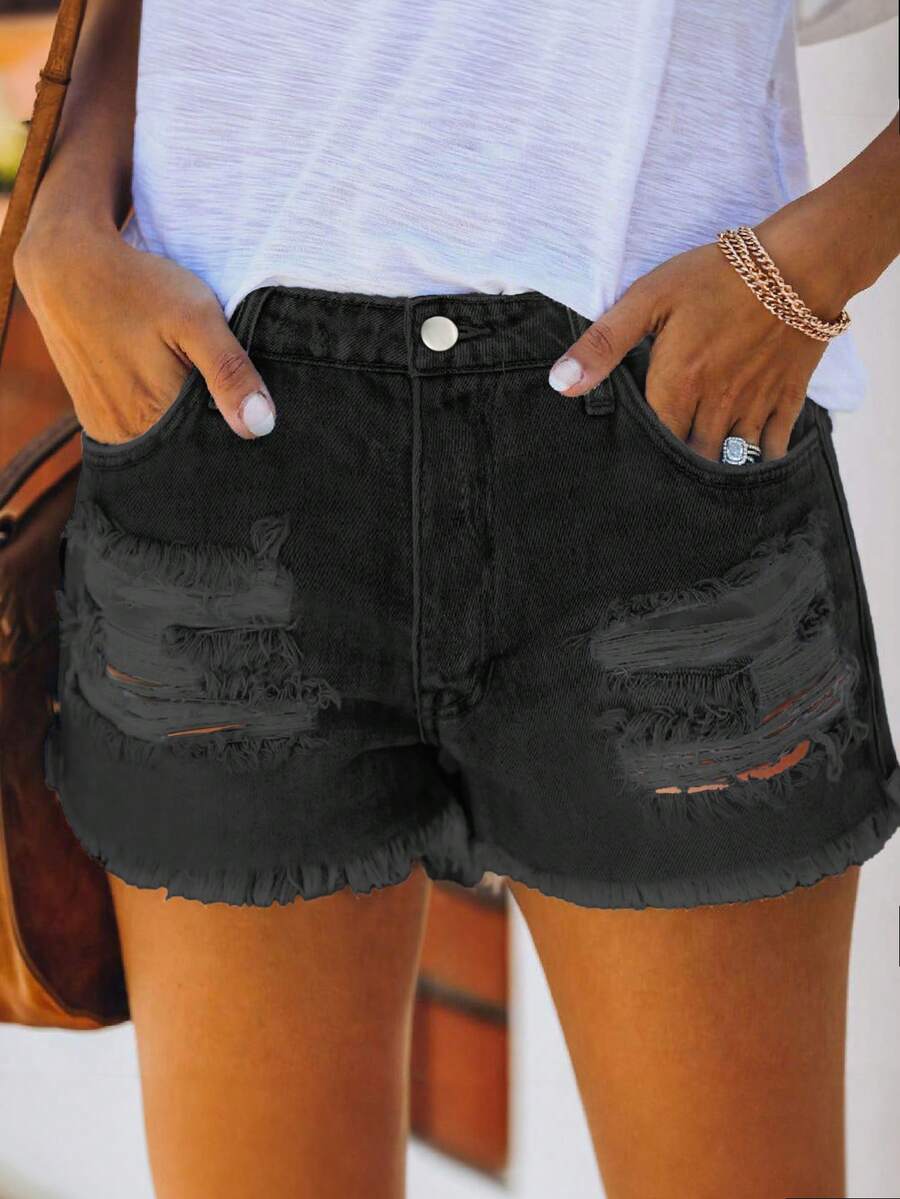 Mid Waist Washed Denim Shorts  - Shorts Denim Frayed ulasan dan harga