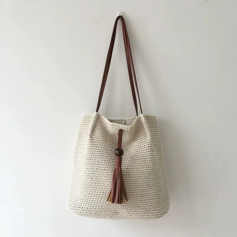 Tassel straw woven tote bag ha - Tote Bag Beach ulasan dan harga