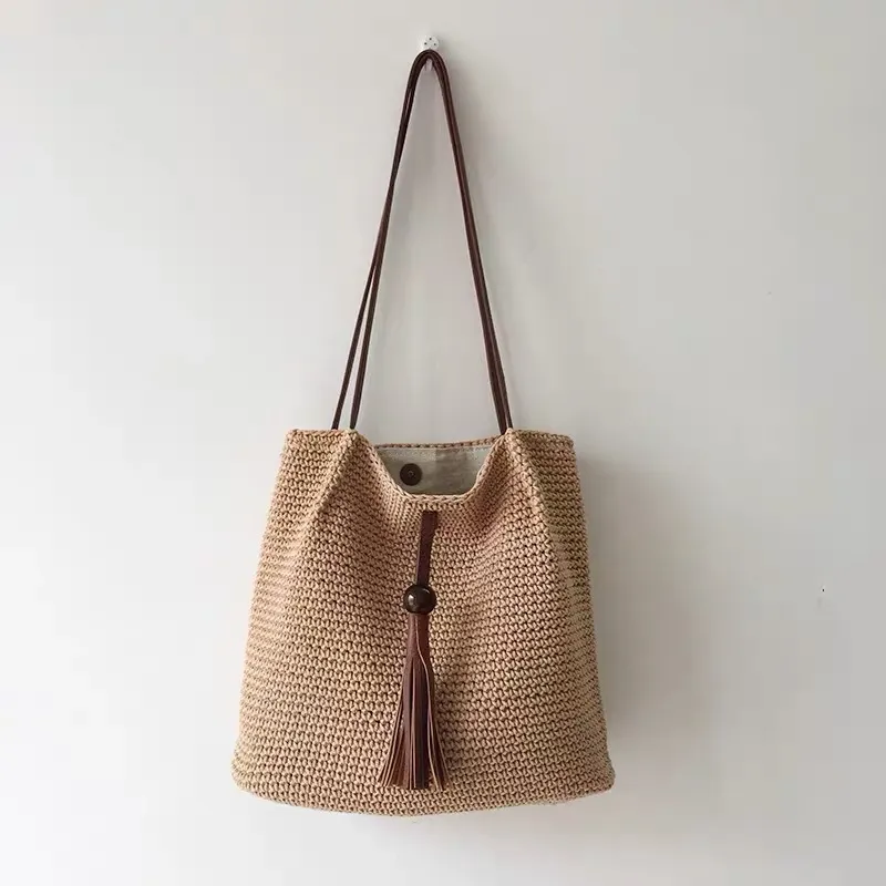 Tassel straw woven tote bag ha - Tote Bag Beach ulasan dan harga