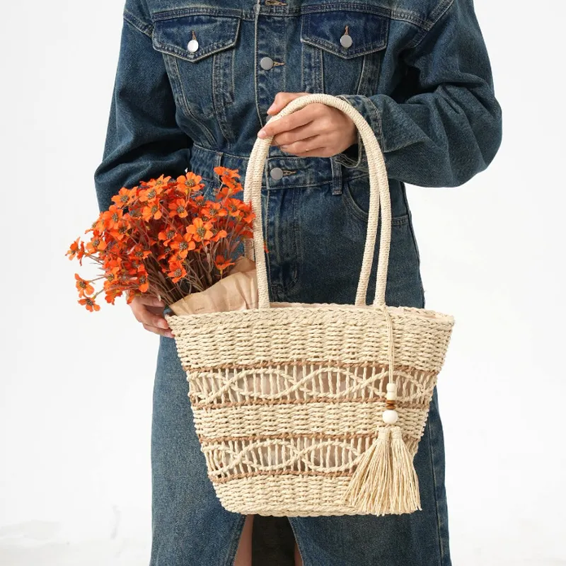 Hollow-Shoulder Straw Tote Bag - Tote Bag Beach ulasan dan harga