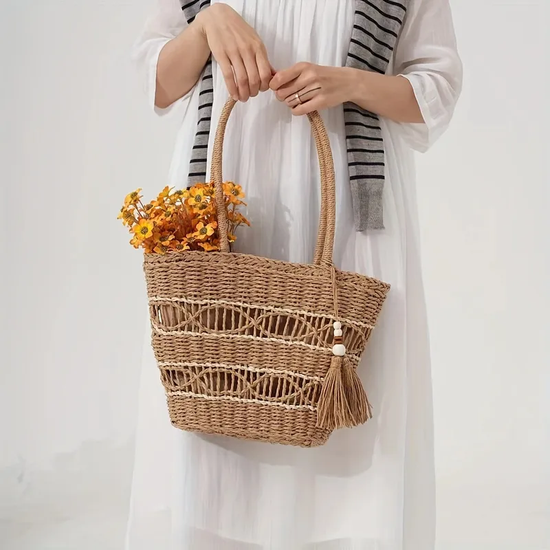 Hollow-Shoulder Straw Tote Bag - Tote Bag Beach ulasan dan harga