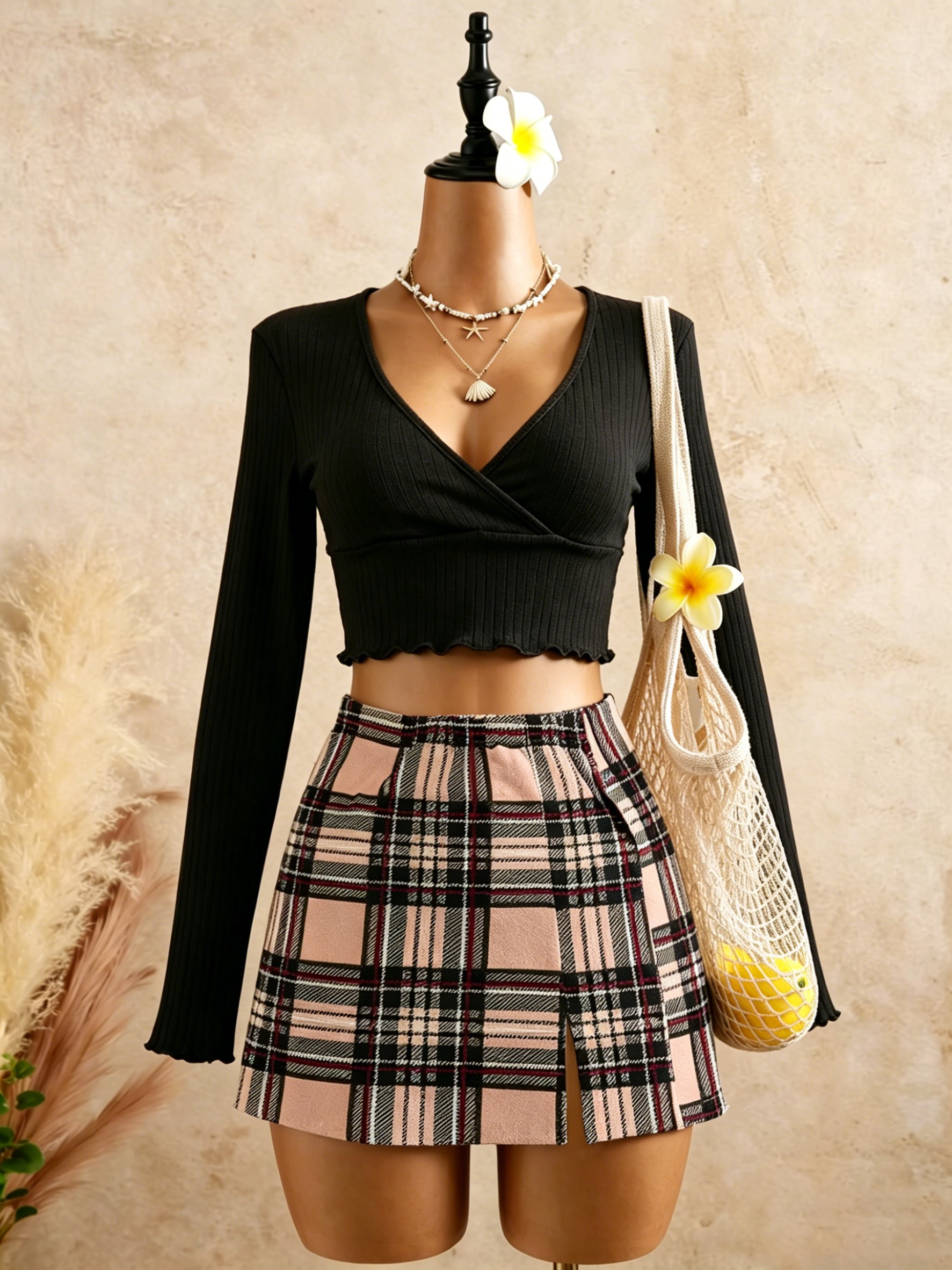 Women Black Wrap V Neck Ruffle - Crop Top Crochet ulasan dan harga