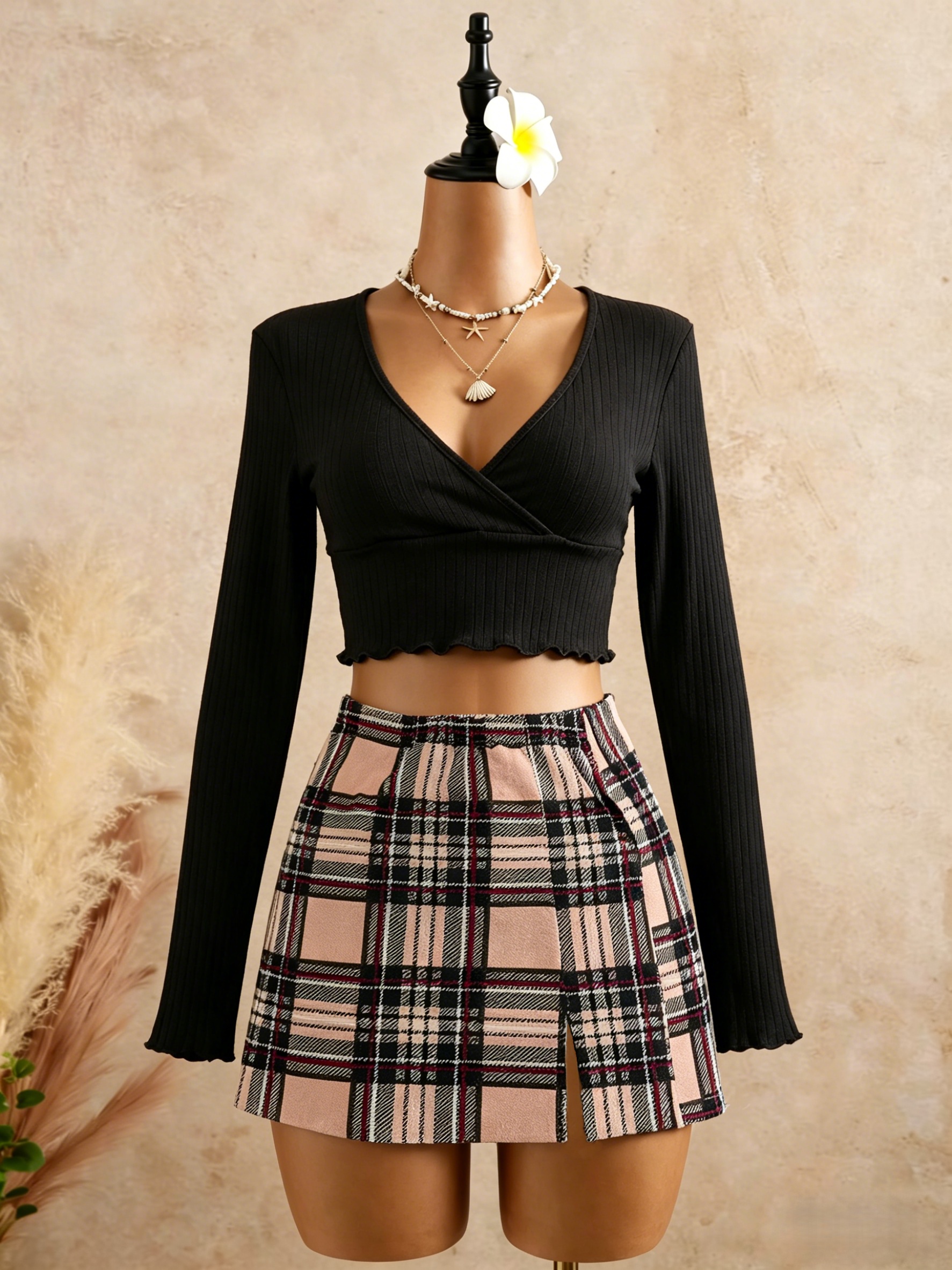Women Black Wrap V Neck Ruffle - Crop Top Crochet ulasan dan harga