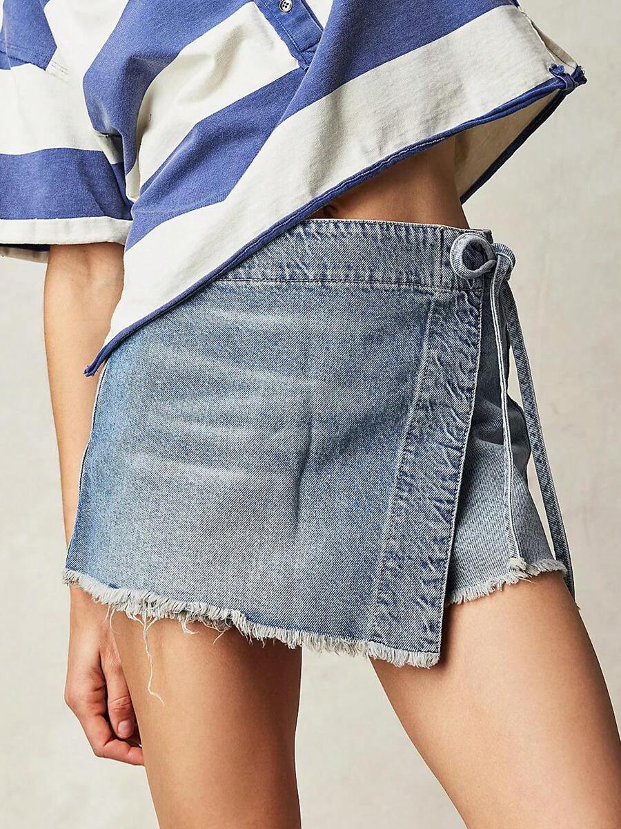 Women Denim Mini Skirt High Wa - Shorts Denim Frayed ulasan dan harga