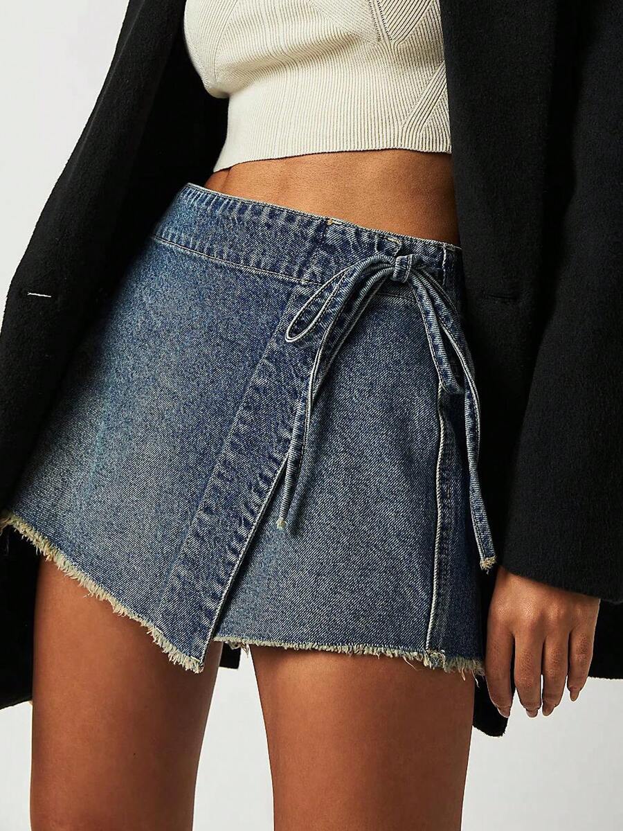 Women Denim Mini Skirt High Wa - Shorts Denim Frayed ulasan dan harga