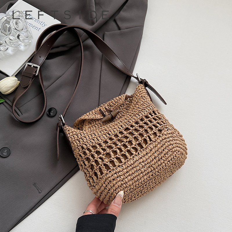 Small Woven Straw Bucket Bag L - Crochet Bag Raffia ulasan dan harga