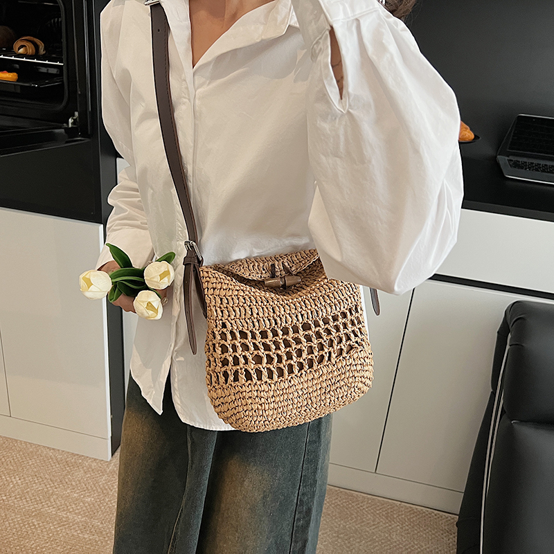 Small Woven Straw Bucket Bag L - Crochet Bag Raffia ulasan dan harga