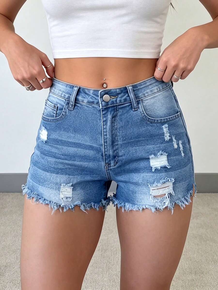 Womens Casual Distressed Denim - Shorts Denim Frayed ulasan dan harga