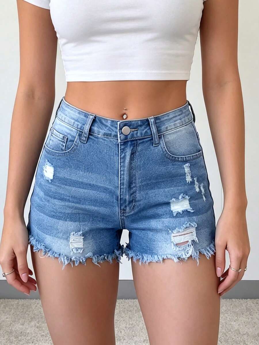 Womens Casual Distressed Denim - Shorts Denim Frayed ulasan dan harga