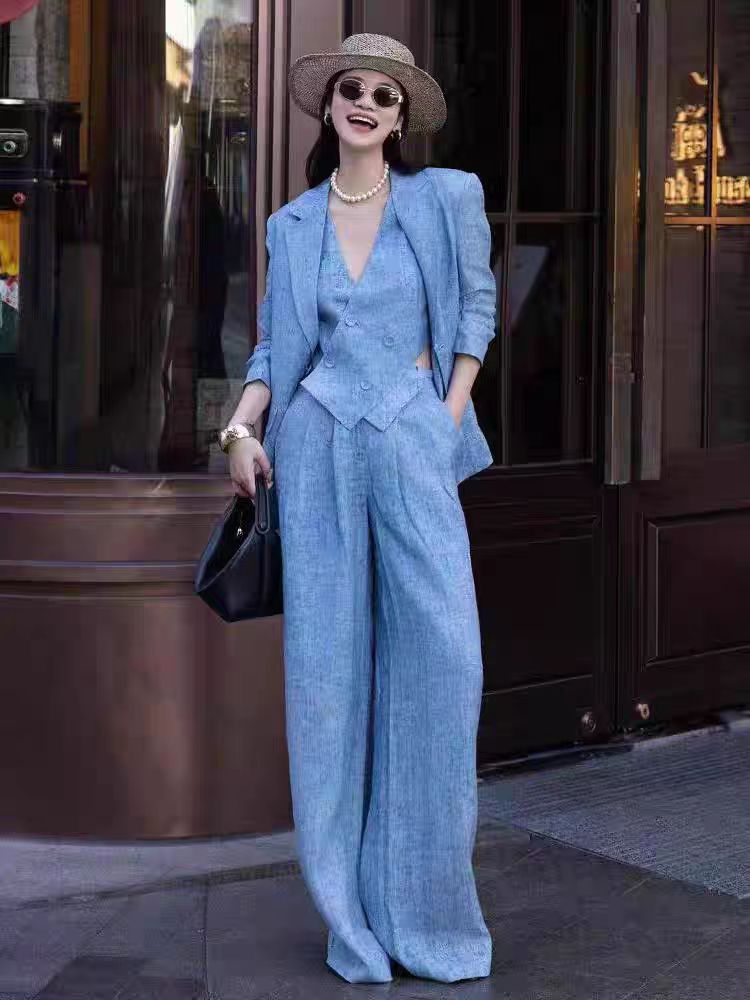 Blue Linen Fashion Set Women's - Linen Pant Wide ulasan dan harga