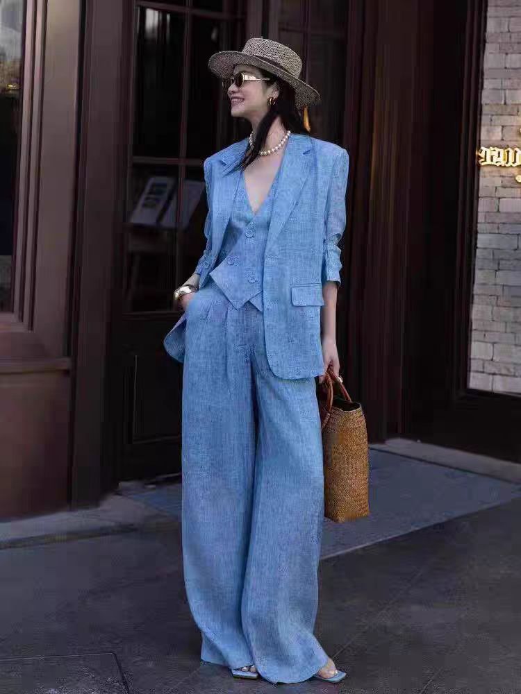 Blue Linen Fashion Set Women's - Linen Pant Wide ulasan dan harga