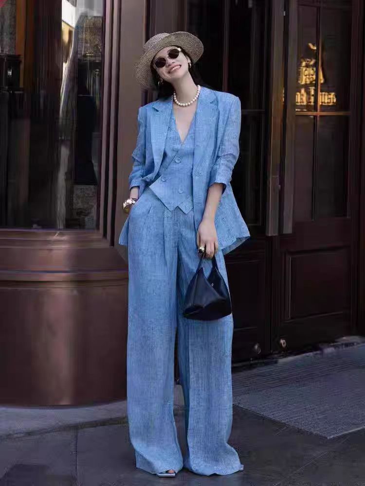 Blue Linen Fashion Set Women's - Linen Pant Wide ulasan dan harga
