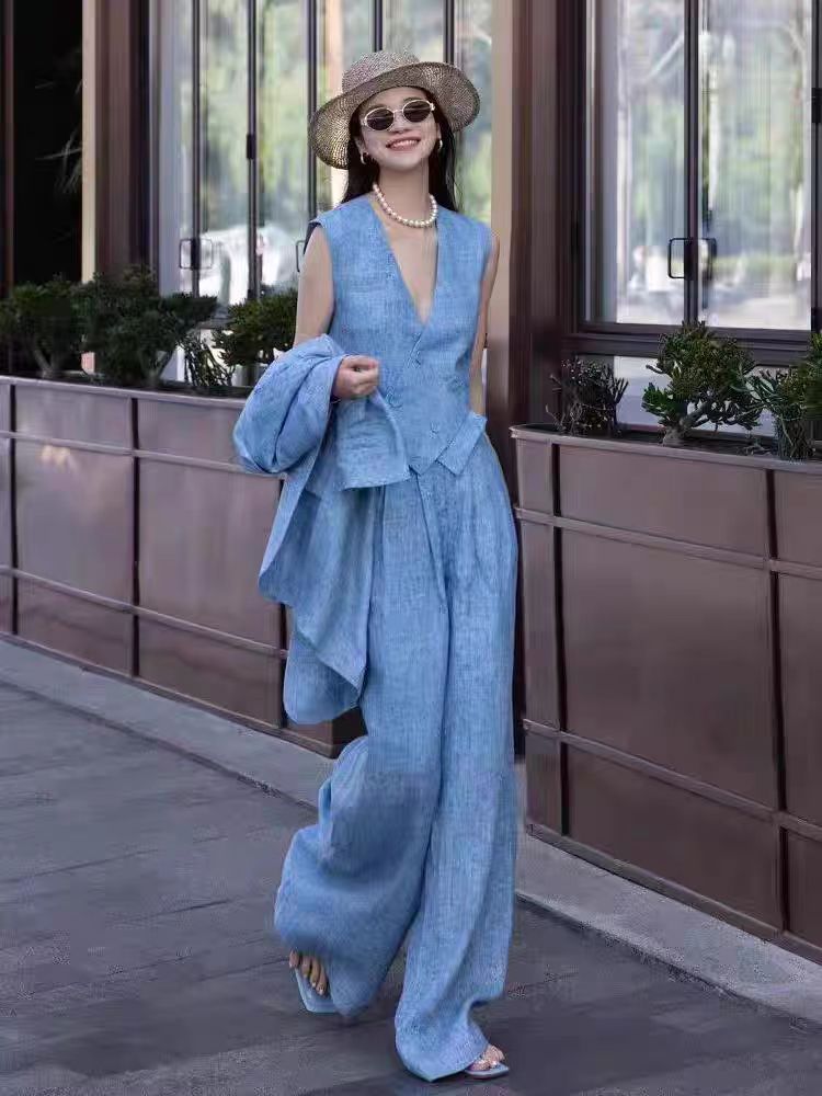 Blue Linen Fashion Set Women's - Linen Pant Wide ulasan dan harga