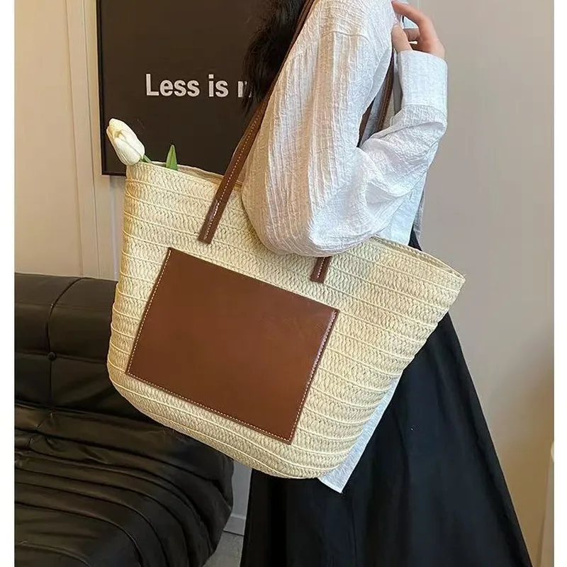 Straw hand-woven tote bag larg - Tote Bag Beach ulasan dan harga