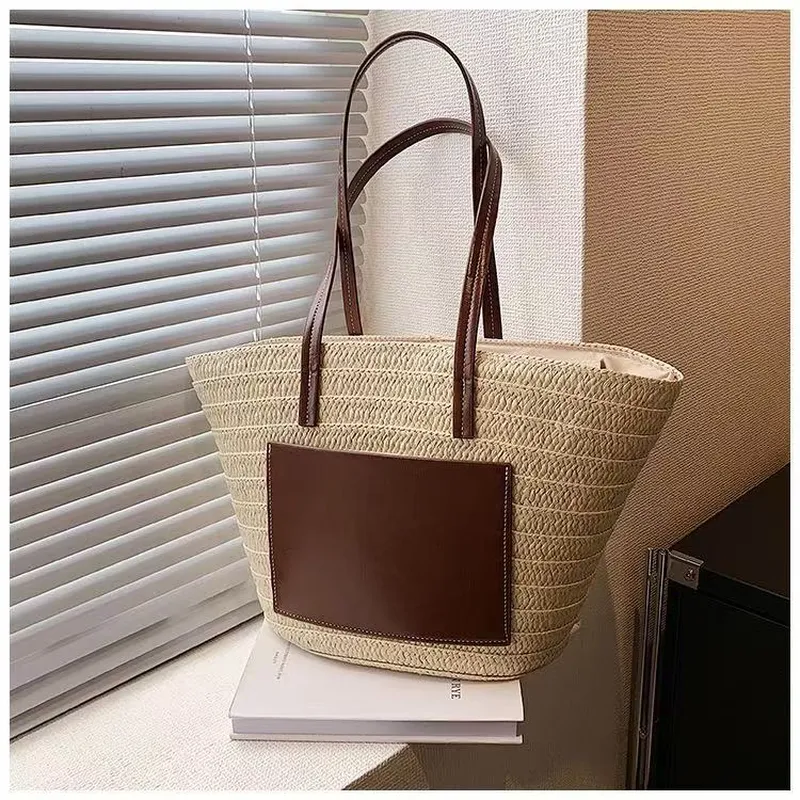 Straw hand-woven tote bag larg - Tote Bag Beach ulasan dan harga
