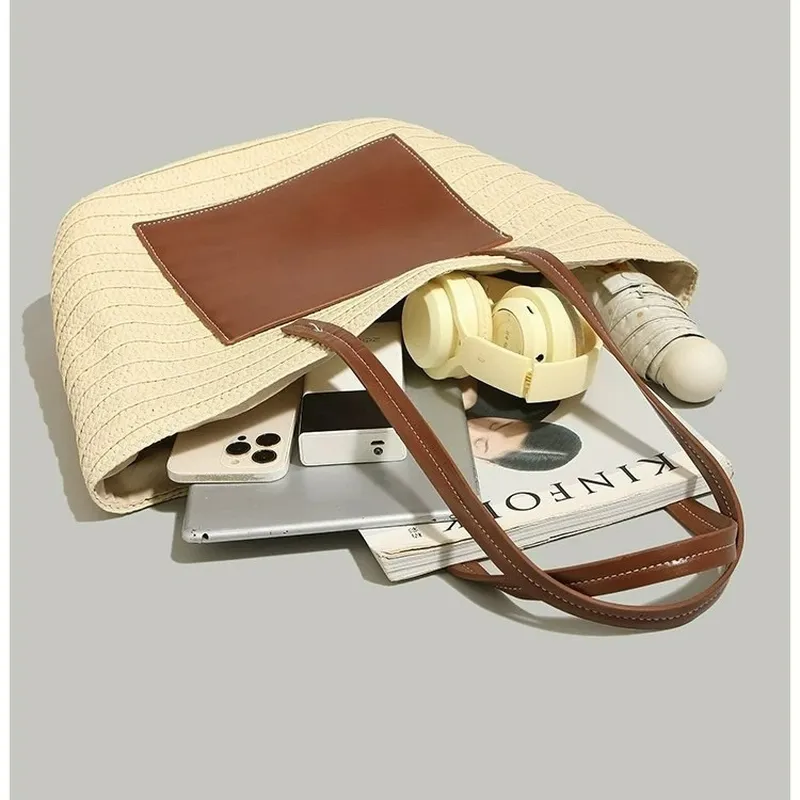 Straw hand-woven tote bag larg - Tote Bag Beach ulasan dan harga