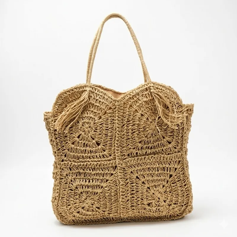 Straw Handwoven Tote Bag with  - Tote Bag Beach ulasan dan harga