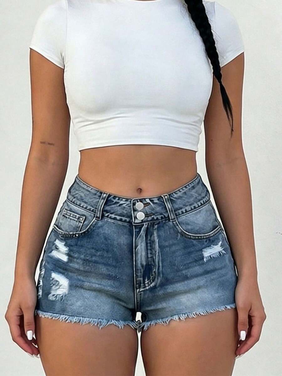 Mid-Rise Womens Denim Shorts W - Shorts Denim Frayed ulasan dan harga