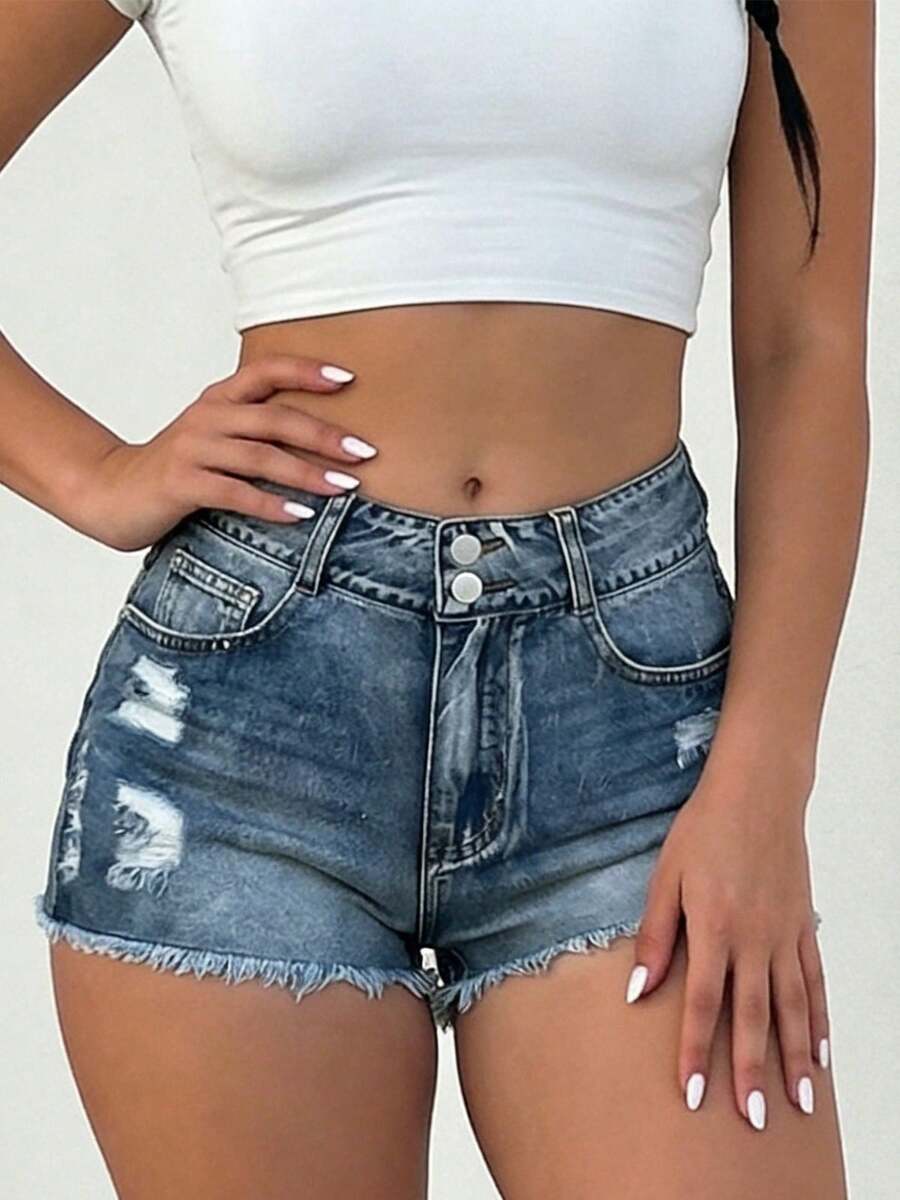 Mid-Rise Womens Denim Shorts W - Shorts Denim Frayed ulasan dan harga